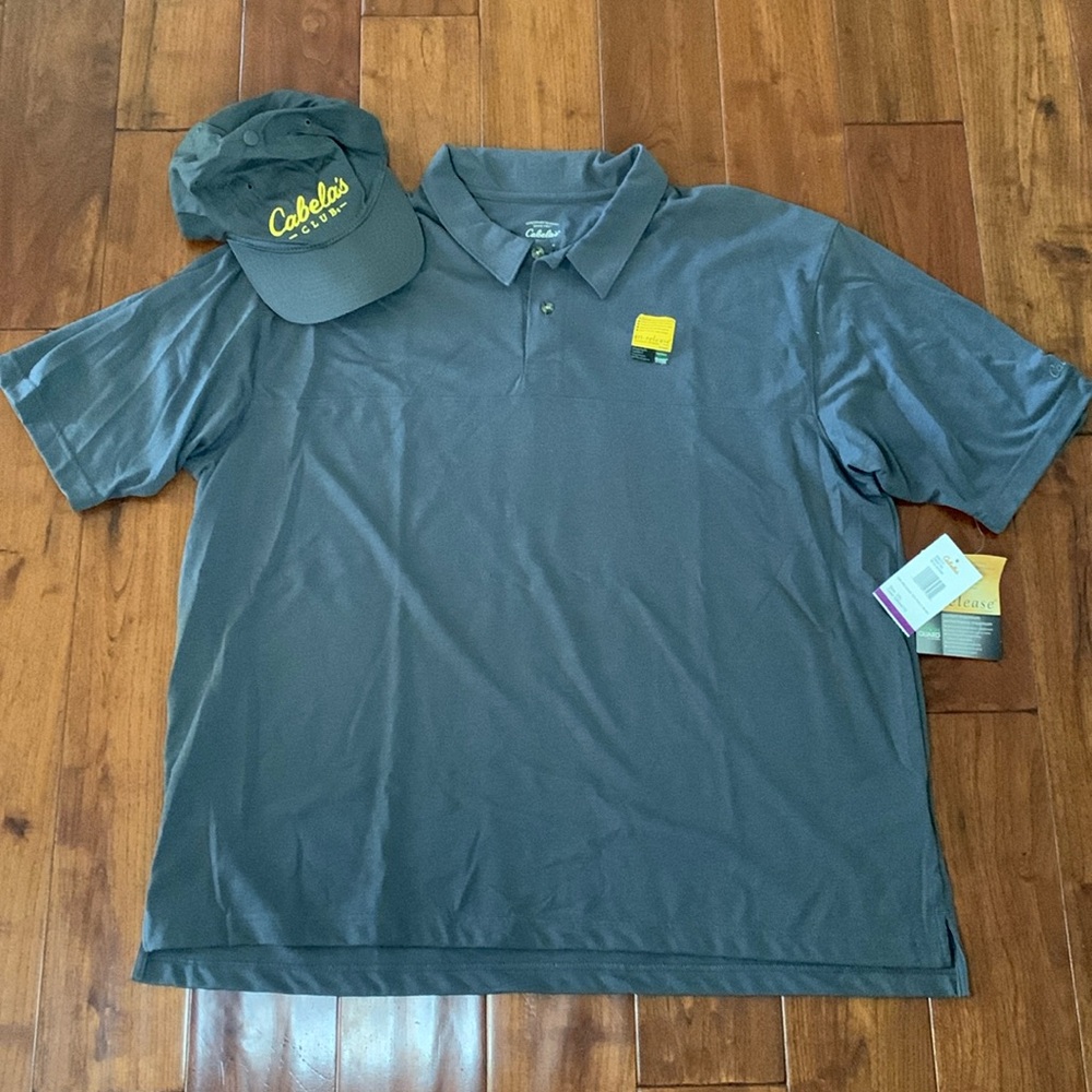 Cabela's hat & Men's Size 2XL Short Sleeve Gray Tactical Polo Shirt dri-relesase